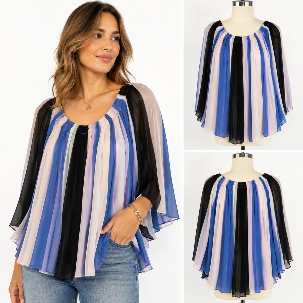 Club Monaco Size 8 Sheer Pleated Blouse Blue Pink Black Stripe Flowy‎ Top